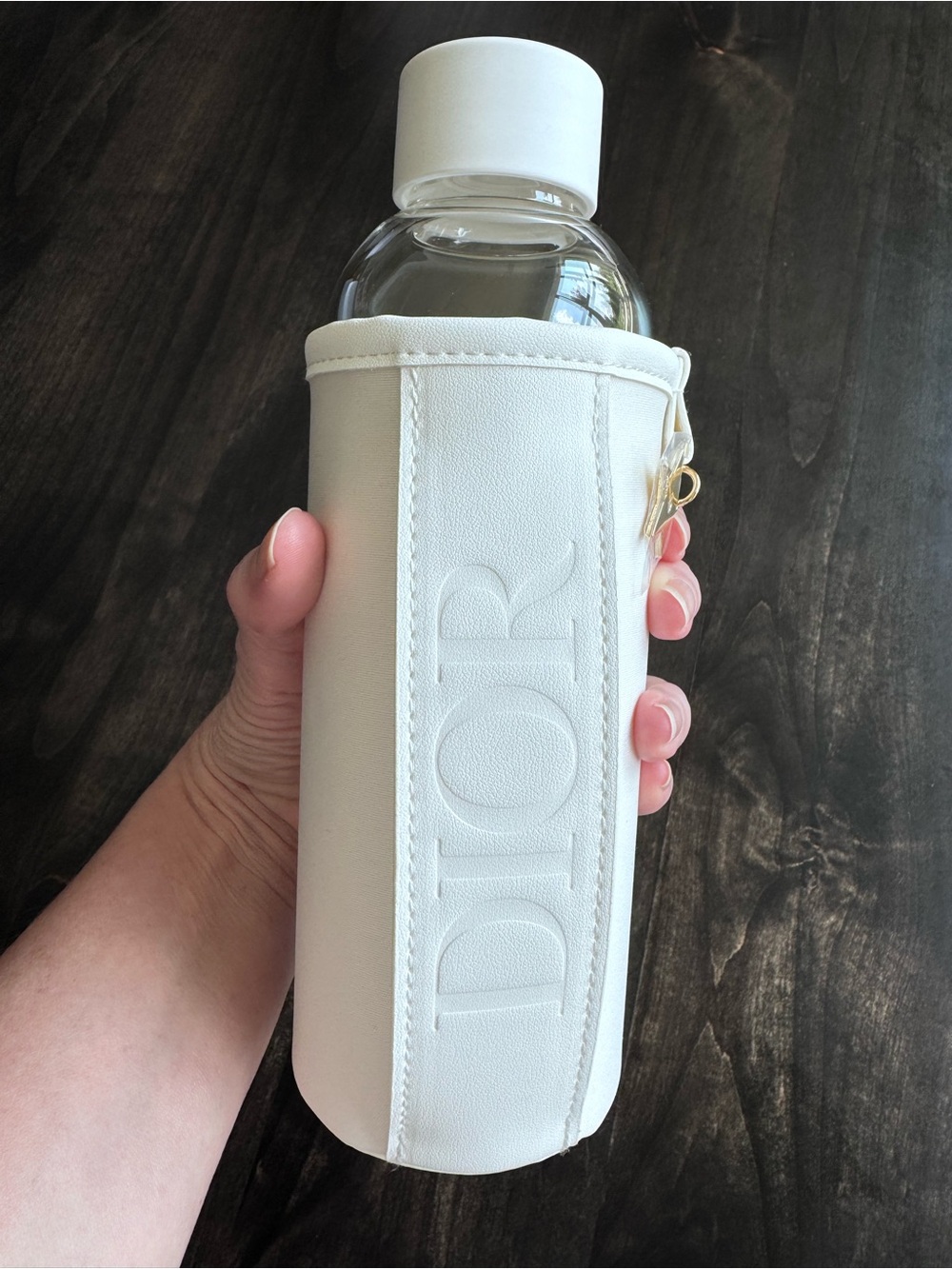 NWT Dior Cream Neoprene Bottle Sleeve with Gold Zip Charm and Glass Bottle
